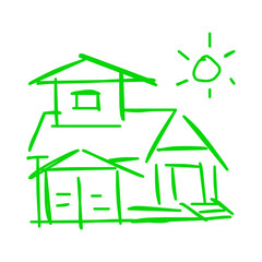 House icon of rough line art, sun, green 22