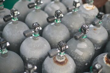 Okinawa,Japan - May 21, 2021: Scuba tanks on Ishigaki Port Pier

