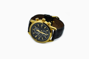 Gold watch. Gold wrist watch with black leather strap