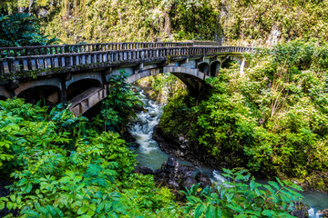 Bridge Over Wailua Nui Stream at Upper Waikani Falls On The Road to Hana, Haiku, Maui, Hawaii, USA