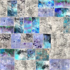 Seamless patchwork collage mix quilt pattern print. High quality illustration. Random selection of small rectangular fabric patterns stitched together digitally into a seamless pattern for print.