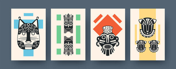Set of contemporary art posters with traditional masks. Vector illustration. .Collection of african tribal masks in different compositions. Africa, culture, tribe, ritual, totem concept for design
