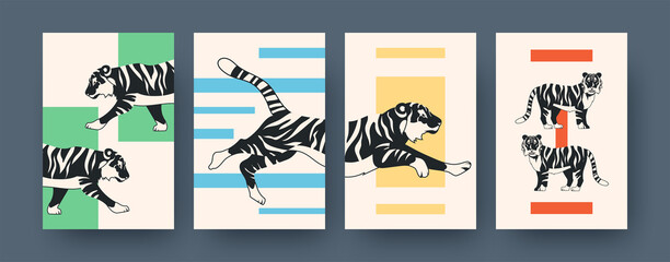 Set of contemporary art posters with tiger pattern. Vector illustration. .Collection of running, sitting, lying tiger in flat design. Africa, animal, wildlife, cat, jungle concept for media design