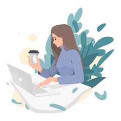 character business woman using laptop for online working, internet, social media, and blogging, Flat vector cute cartoon illustration