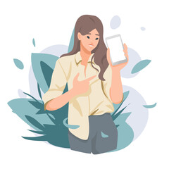 character business woman using and showing smartphones devices for social media, Internet, and calling, Flat vector cute cartoon illustration