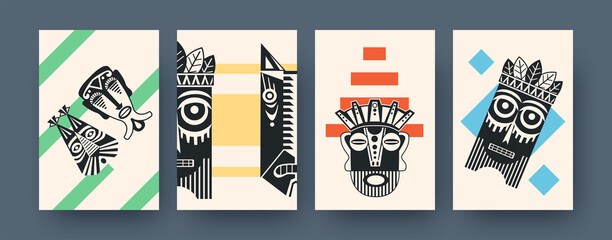Set of contemporary art posters with ceremonial masks. Vector illustration. .Collection of african tribal masks in different compositions. Africa, culture, tribe, ritual, totem concept for design