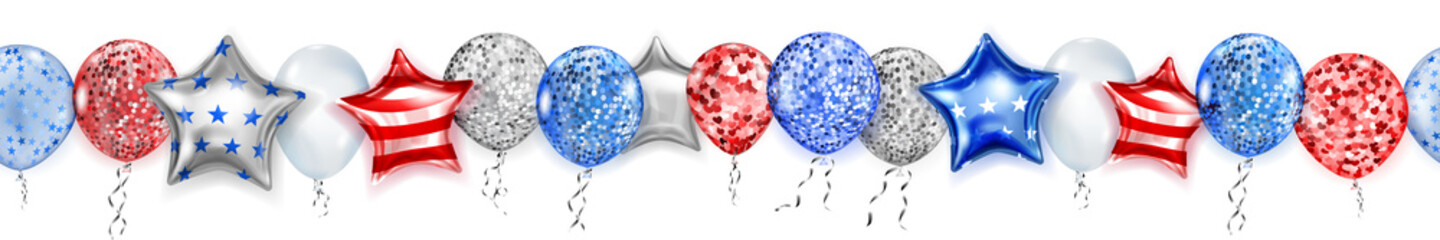 Banner with flying colored balloons in the colors of the USA flag with seamless horizontal repetition. Illustration for the Independence Day of the United States of America