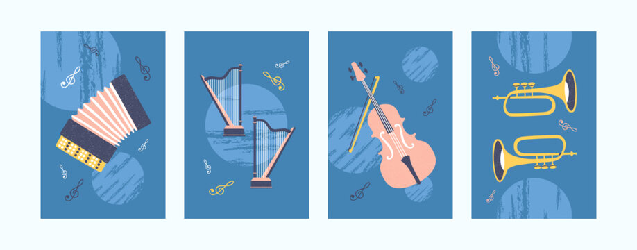 Colorful collection of art posters with musical instrument. Bright music instruments in creative style. Accordion, harp, violin and pipe on blue background. Concept for banners, website design