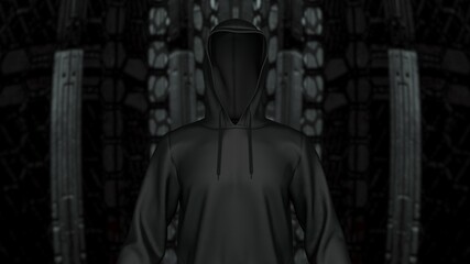 Naklejka premium Anonymous hacker with black leather hoodie in shadow under spaceship inside background. Dangerous criminal concept image. 3D CG. 3D illustration. 3D high quality rendering.