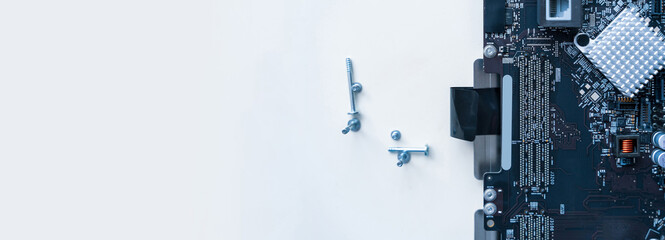 Computer repair hardware technology. Technician electronic pc service from engineer man. Digital chip maintenance. Flat lay.