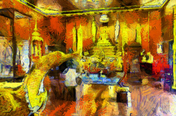 Ancient temples, art and architecture in the northern Thai style Illustrations creates an impressionist style of painting.
