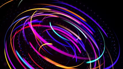 3d render. Light flow form ring structure. Light effect as abstract background with light trails, stream of multicolor neon lines in space form rings. Modern trendy motion design background.
