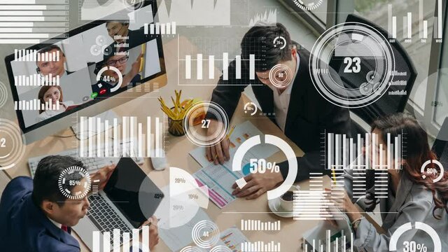Creative visual of business people in a corporate staff meeting on video call . Concept of digital technology for marketing data analysis and investment decision making .