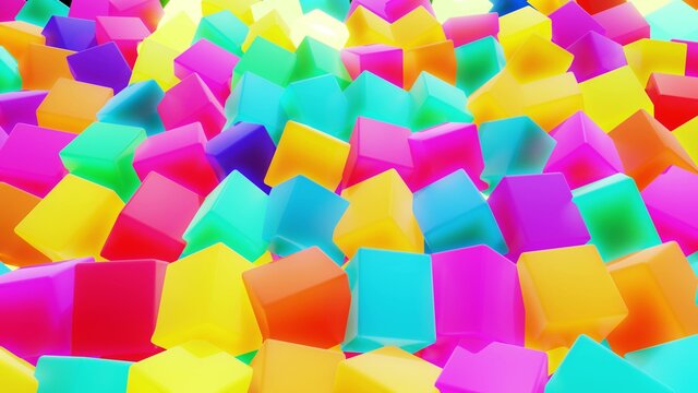 3d abstract simple geometric background with multicolor cubes. Cubes flash with neon light on plane. Creative simple motion design background with 3d objects. 3d render