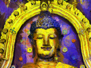 Big golden buddha Illustrations creates an impressionist style of painting.