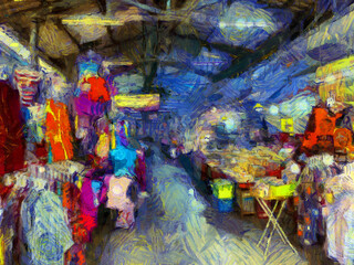 Landscape of the fresh market in the provinces of Thailand Illustrations creates an impressionist style of painting.