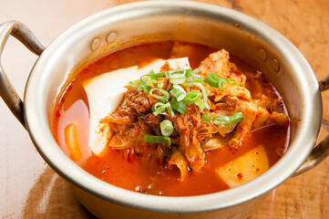 Tofu and kimchi soup at a Korean restaurant.