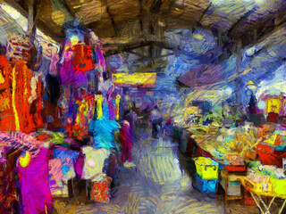 Fototapeta na wymiar Landscape of the fresh market in the provinces of Thailand Illustrations creates an impressionist style of painting.
