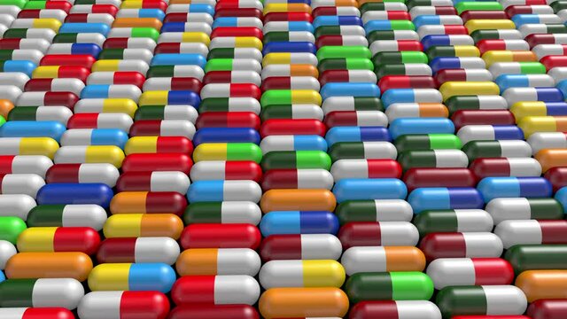 Realistic multicolored capsules.
Medical pills background. 3D rendering.
Medicine, healthcare or pharmacy concept. 