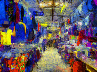 Fototapeta na wymiar Landscape of the fresh market in the provinces of Thailand Illustrations creates an impressionist style of painting.