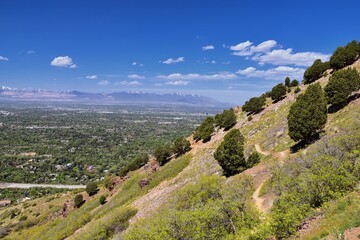 Wasatch Front Mount Olympus Peak hiking trail inspiring views in spring via Bonneville Shoreline, Rocky Mountains, Salt Lake City, Utah. United States. USA