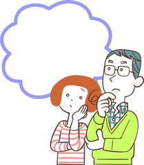 考える夫婦と空欄の吹き出し
