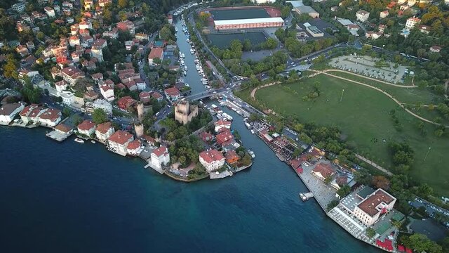 Anadolu Hisari Fortress and Goksu River in Summer. Anatolian Castle, Kucuksu region in Istanbul. Aerial
