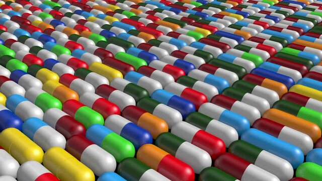 Realistic multicolored capsules.
Medical pills background. 3D rendering.
Medicine, healthcare or pharmacy concept. 