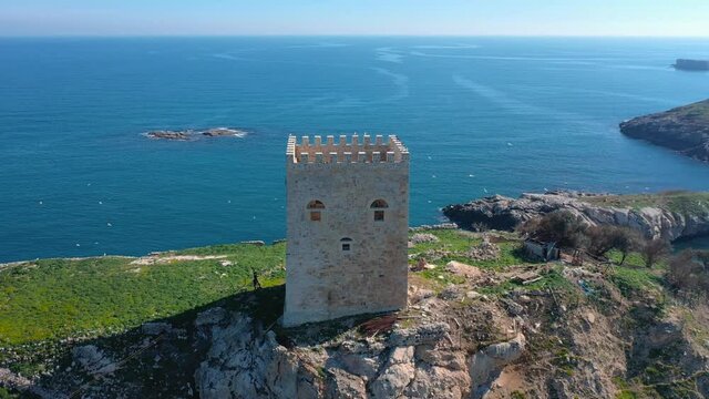 Aerial of Sile Castle. A watchtower of 4 floors and 12 meters high, was designed by the Genoese to accommodate 20 soldiers. Also known as the Ocakli Island Castle
