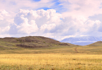 Kurai steppe in the Altai Mountains. Hillsides in spring against the backdrop of mountains under white clouds. Pure Nature of Siberia, Russia