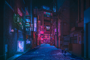 neon lights streets at night asian street, china. Taiwan. japan street  - obrazy, fototapety, plakaty
