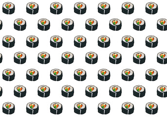 Seamless sushi on white background. Close up Japanese food anime drawing. Vector illustration on white background.  