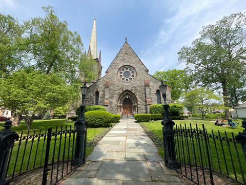 Schenectady, NY - USA - May 22, 2021: view of First Reformed Church of Schenectady, located at 8 North Church Street in the Historic Stockade District of Schenectady, New York