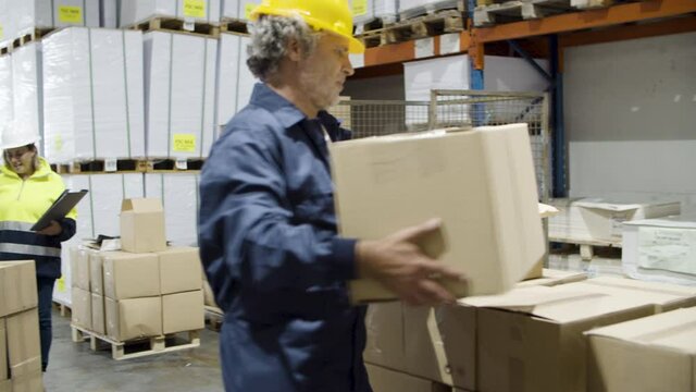 Focused man and diverse female employees working together. Caucasian male worker rearranging cardboard boxes, accepting goods. Manufacturing process, labor, warehouse concept