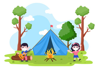 Obraz na płótnie Canvas Happy Summer Camp in the Mountain for Expedition, Travel, Explore and Outdoor Recreation. Landscape Background Illustration