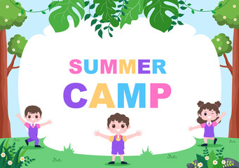 Happy Summer Camp in the Mountain for Expedition, Travel, Explore and Outdoor Recreation. Landscape Background Illustration