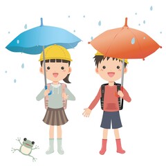雨の日の登校中にカエルを見つけた男の子と女の子