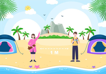 Fototapeta na wymiar Happy Summer Camp in the Beach for Expedition, Travel, Explore and Outdoor Recreation. Landscape Background Illustration