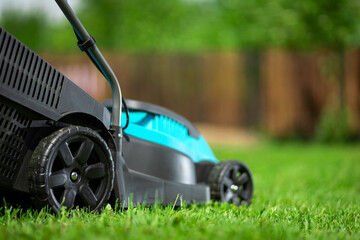 Fototapeta premium Close-up electric lawn mower, mowing grass, lawn, paths. Gardener trimming the garden.