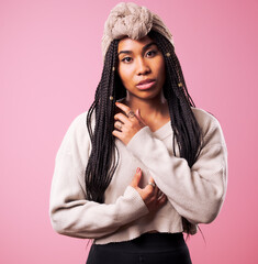 Happy Biracial Woman Posing In Front Of Pink Background