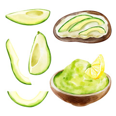 Watercolor set with slices of avocado, toast and guacomole on a white background. Hand drawn illustration