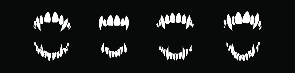 Vampire teeth vector isolated on black background. Halloween set.