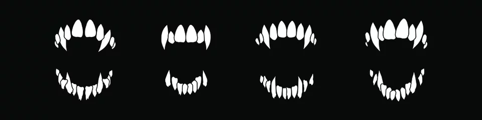 Fotobehang Vampire teeth vector isolated on black background. Halloween set. © Maximlacrimart
