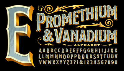 Prometheum and Vanadium is an ornate antique style font with gold edges and 3d depth. Classic old-world style reminiscent of circus, carnivals, carousels, western saloons, tattoo parlor logos, etc. © Mysterylab
