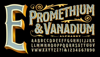 Fotobehang Prometheum and Vanadium is an ornate antique style font with gold edges and 3d depth. Classic old-world style reminiscent of circus, carnivals, carousels, western saloons, tattoo parlor logos, etc. © Mysterylab