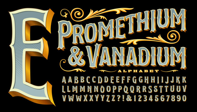 Prometheum and Vanadium is an ornate antique style font with gold edges and 3d depth. Classic old-world style reminiscent of circus, carnivals, carousels, western saloons, tattoo parlor logos, etc.