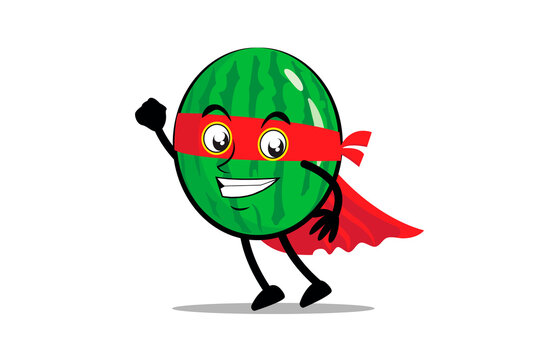 Watermelon Mascot as a superhero wearing a cloak and costume, ready to take flight