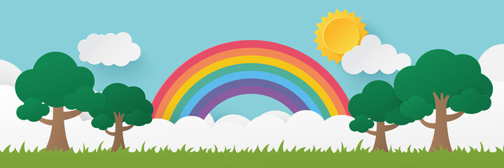 Summer time background. Spring and summer with rainbow in the park. Paper cut and craft style illustration