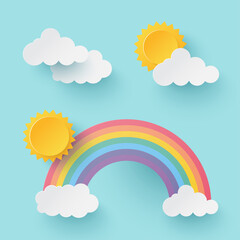 Sun with rainbow and cloud on blue background. Paper cut and craft style illustration