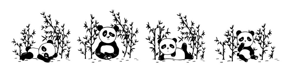 cute pandas in the bamboo grove vector silhouette. freehand drawing. Vector graphics. EPS format © bleskk